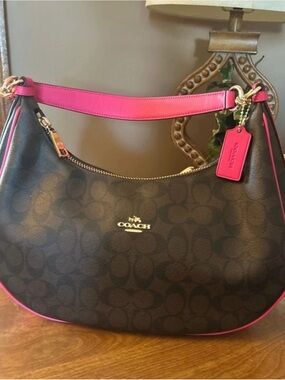 COACH Half Moon Signature PVC Leather Shoulder Bag Brown Pink